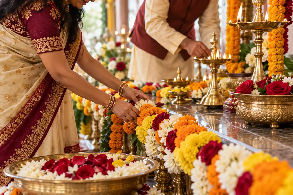 Flowers and lamps prepared for a religious event